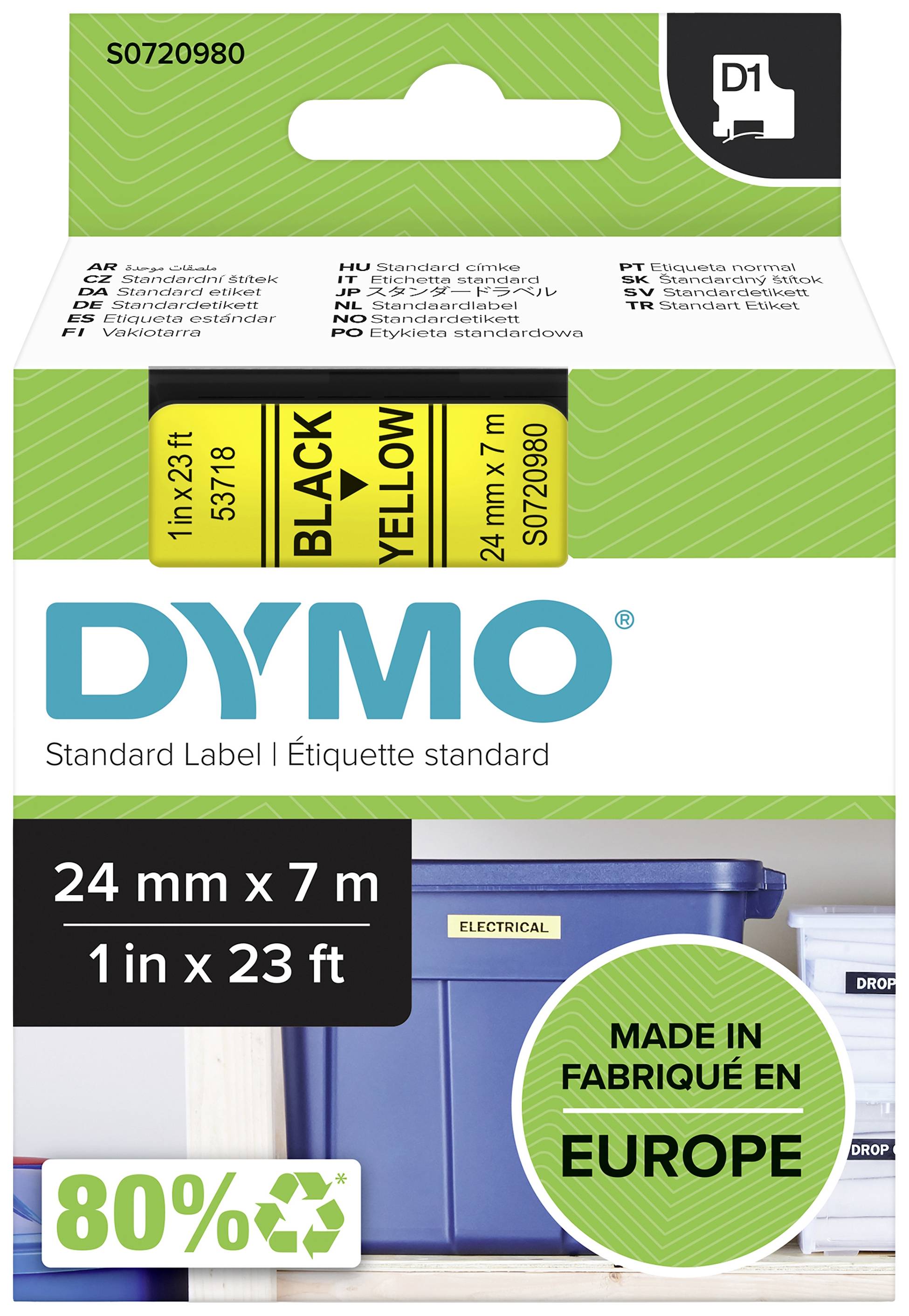 Etikety 'DYMO' v obalu s černým textem na žlutém pozadí, 24 mm x 7 m. Obsahuje také údaj "MADE IN EUROPE" a úložnou krabičku.
