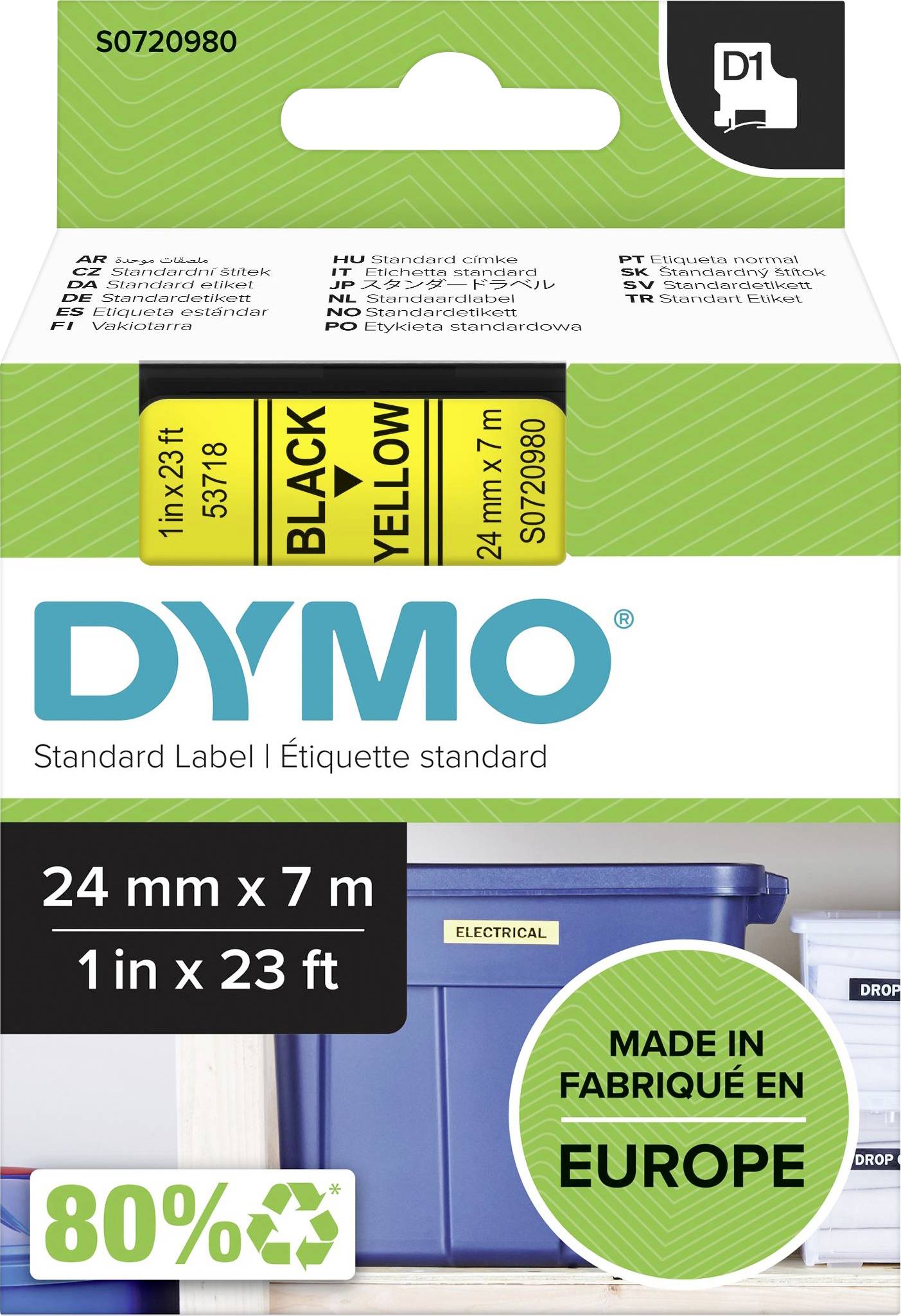 Štítek 'DYMO' s žlutými štítky pro standardní značení, velikost 24 mm x 7 m. Vyrobeno v Evropě, 80% recyklovatelné.