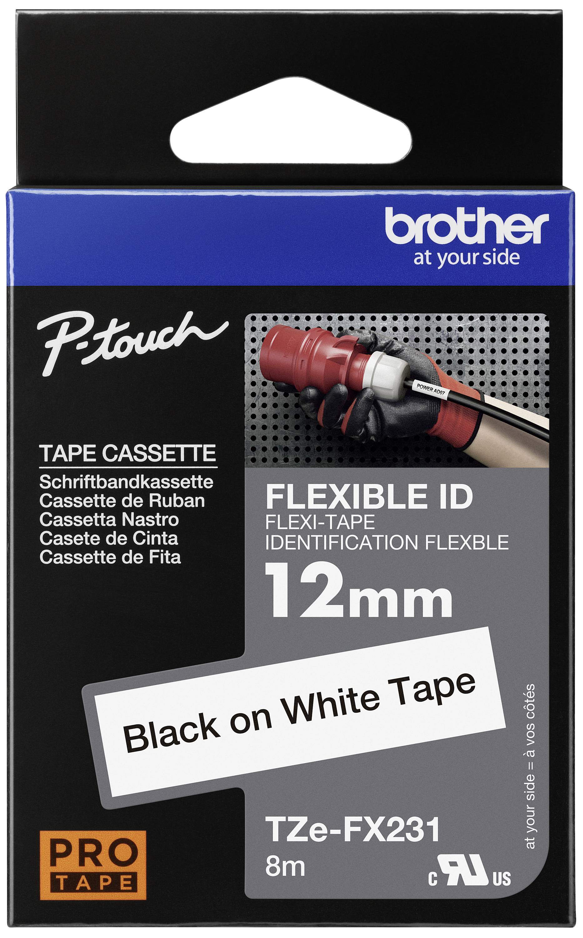 Obal kazety Brother P-touch. Popis: 'Flexibilní ID Flexi-páska 12mm, černý tisk na bílé pásce, 8m'.