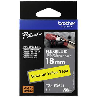 Kazeta se štítkovací páskou pro štítkovač Brother P-touch. Flexibilní identifikační páska, 18mm, černý tisk na žlutém podkladu. Model TZe-FX641.