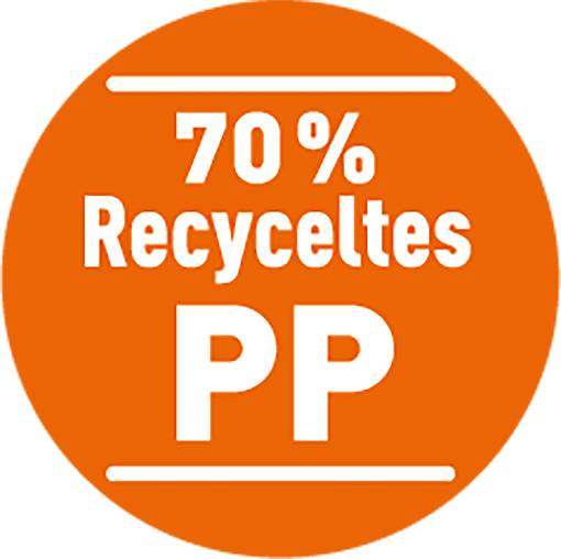 'Oranžový kulatý štítek s nápisem: 70 % recyklovaného PP.'
