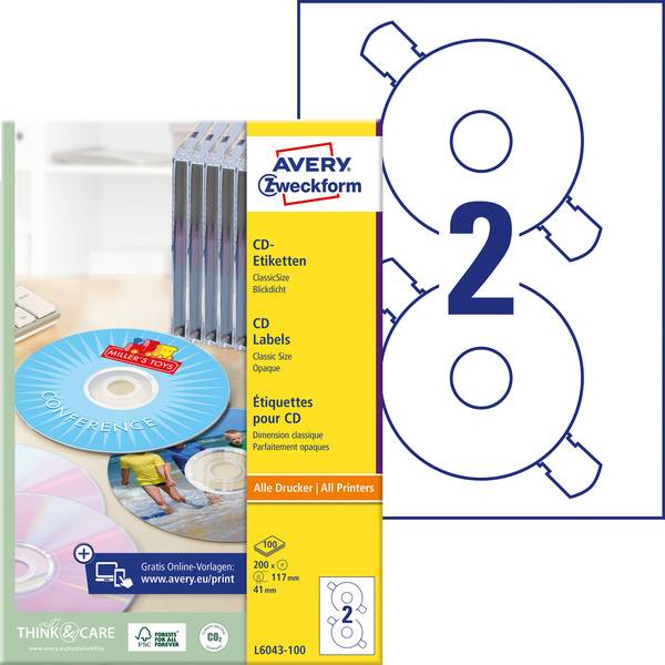 Avery-Zweckform L6043-100 Štítky CD Ø 117 mm papír bílá 200 ks trvalé inkoustová tiskárna, laserová tiskárna, barevná laserová tiskárna, kopírka, barevná kopírka, ruční popis