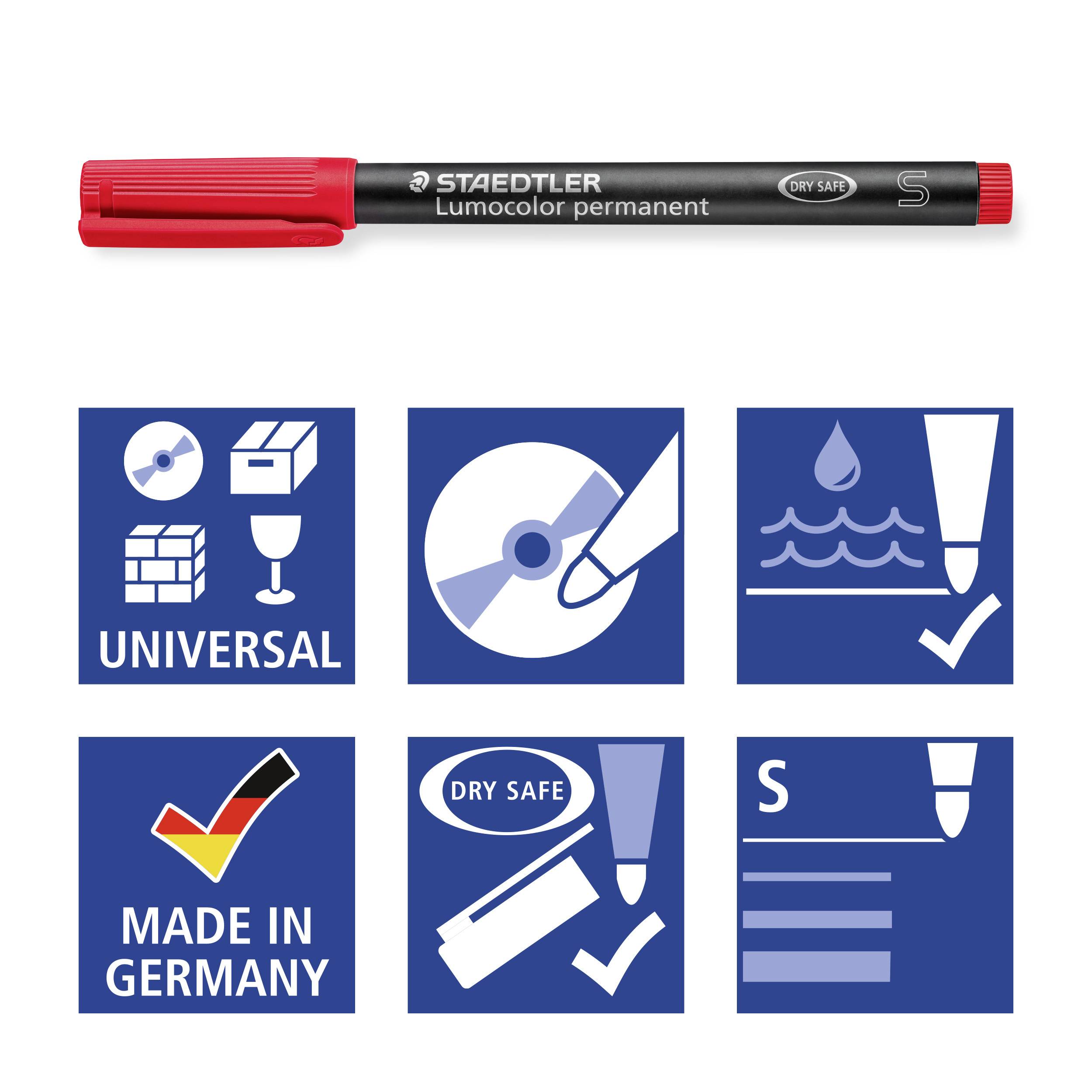 Černý permanentní popisovač STAEDTLER Lumocolor s červeným víčkem. Symboly: 'universal', 'Vyrobeno v Německu', 'dry safe', odolný vůči počasí, snadno setřitelný vlhkým hadříkem.
