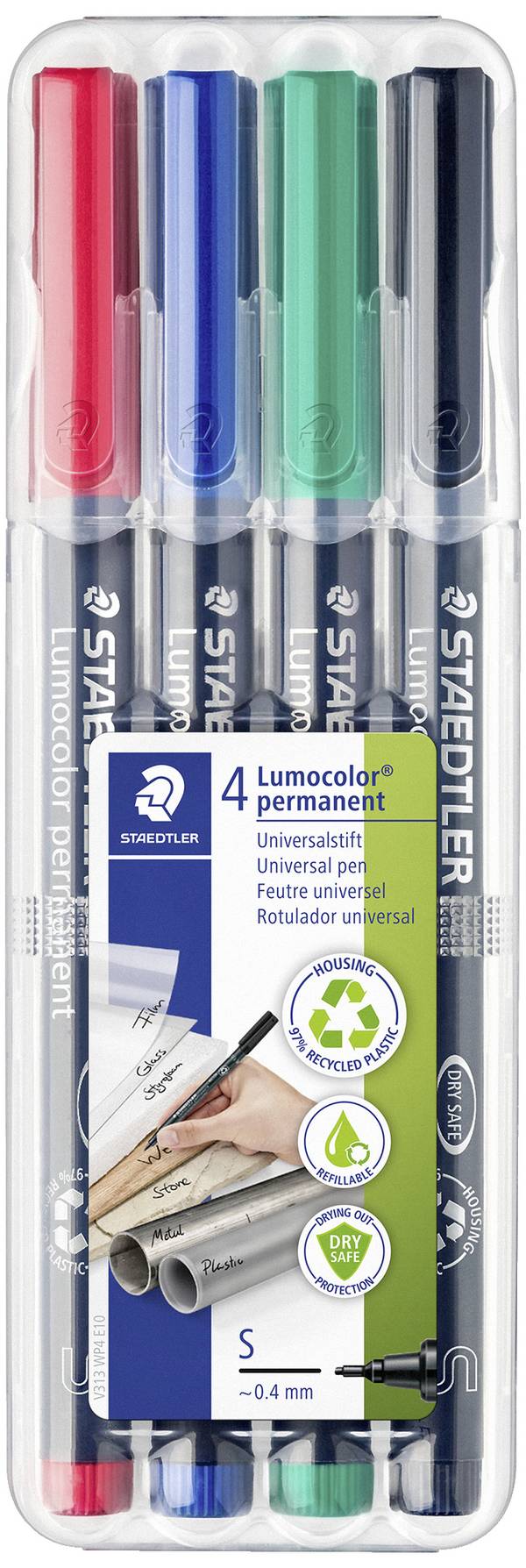 Staedtler Lumocolor permanent S DRY SAFE 313 WP4 permanentní popisovač  červená, modrá, zelená, černá Vodotěsné: Ano