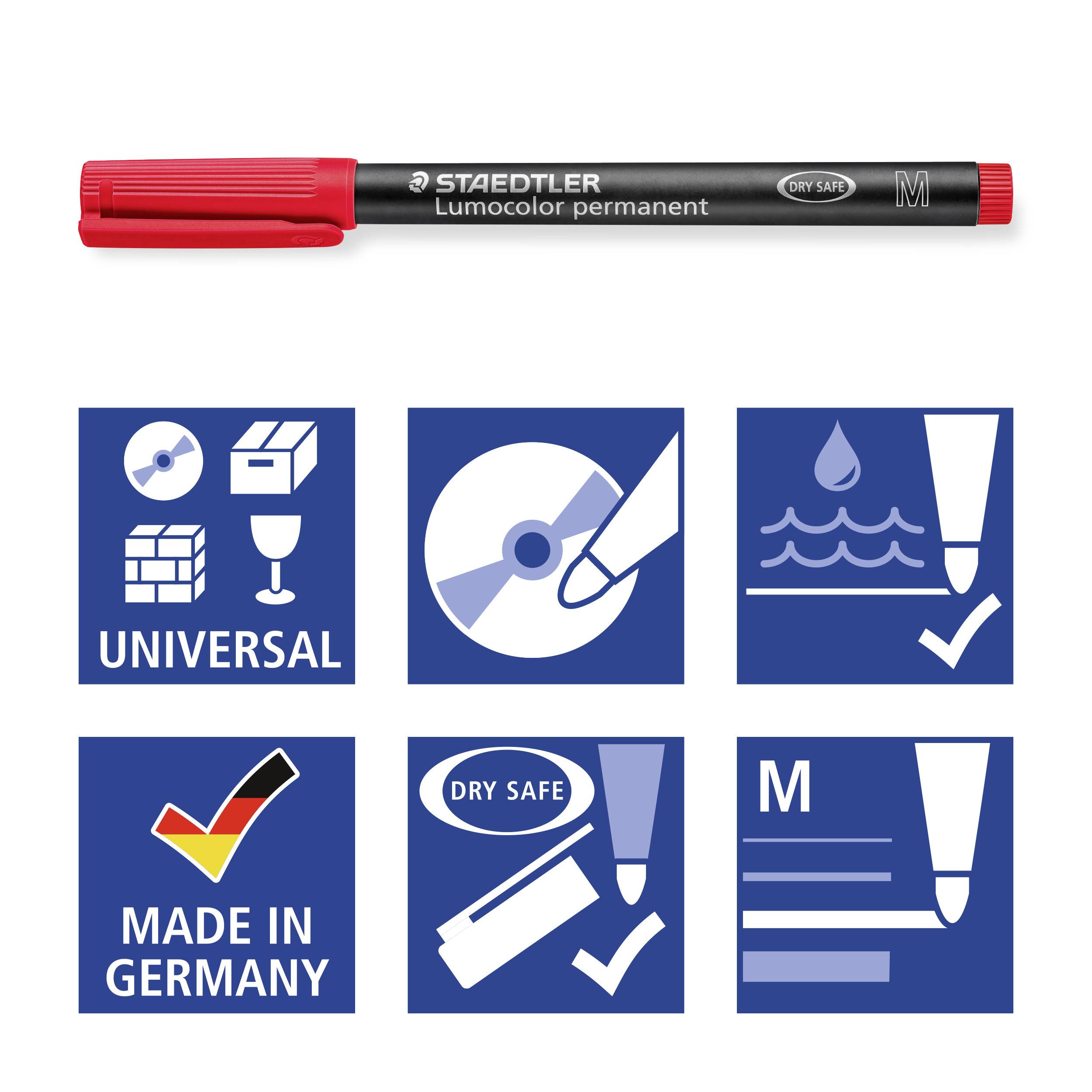Permanentní popisovač Staedtler Lumocolor s červeným víčkem. Symboly: univerzální, stíratelný na sucho, voděodolný, vyrobeno v Německu.