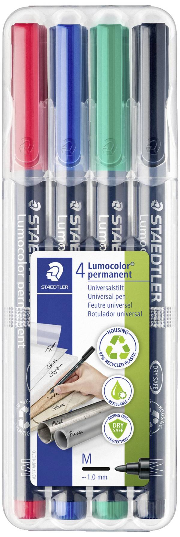 Staedtler Lumocolor permanent M DRY SAFE 317 WP4 permanentní popisovač  červená, modrá, zelená, černá Vodotěsné: Ano