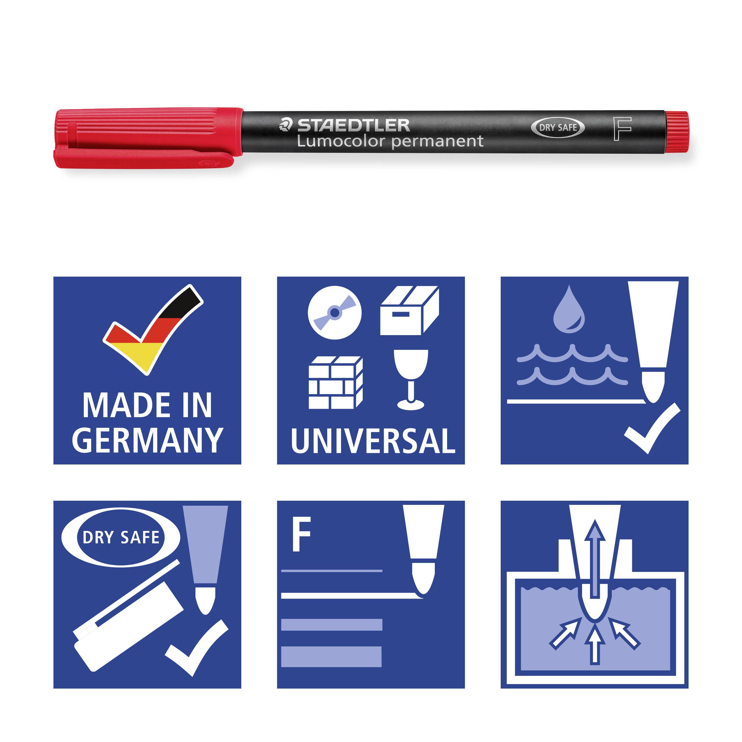 Černý permanentní popisovač Staedtler Lumocolor s červeným víčkem a symboly 'Made in Germany', 'Univerzální', 'Voděodolný'.