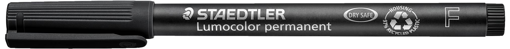 Černý permanentní popisovač Staedtler Lumocolor s víčkem, vhodný pro různé povrchy; ideální na psaní na CD.