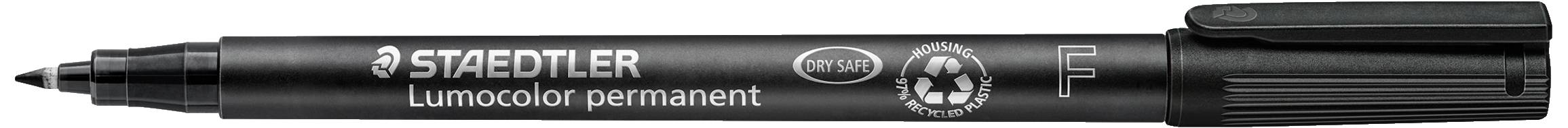 Černý permanentní fix s jemným hrotem od značky Staedtler; vhodný pro různé povrchy.
