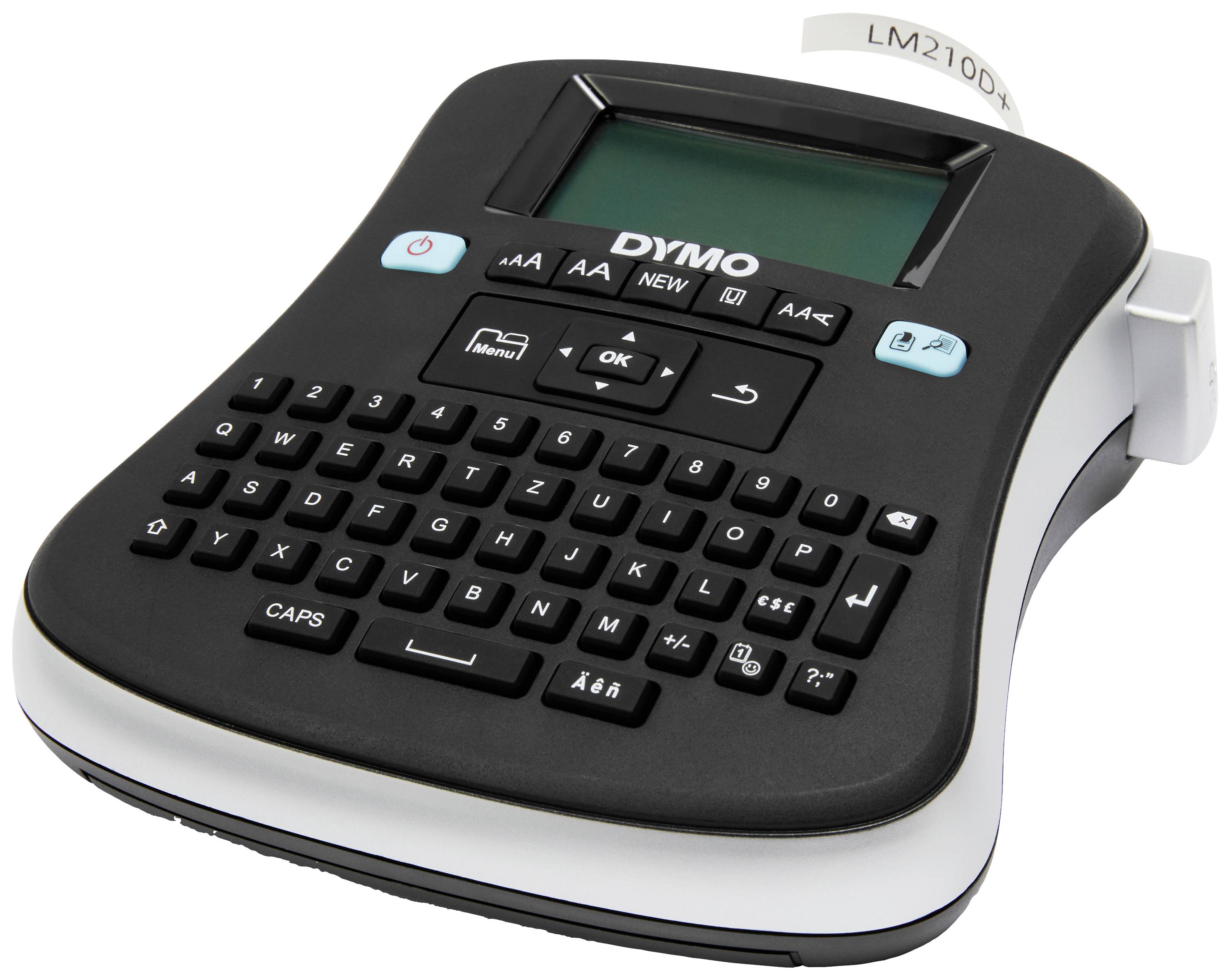Elektronické zařízení na štítky s klávesnicí a displejem, na papírovém štítku je viditelný text 'LM2100X'.