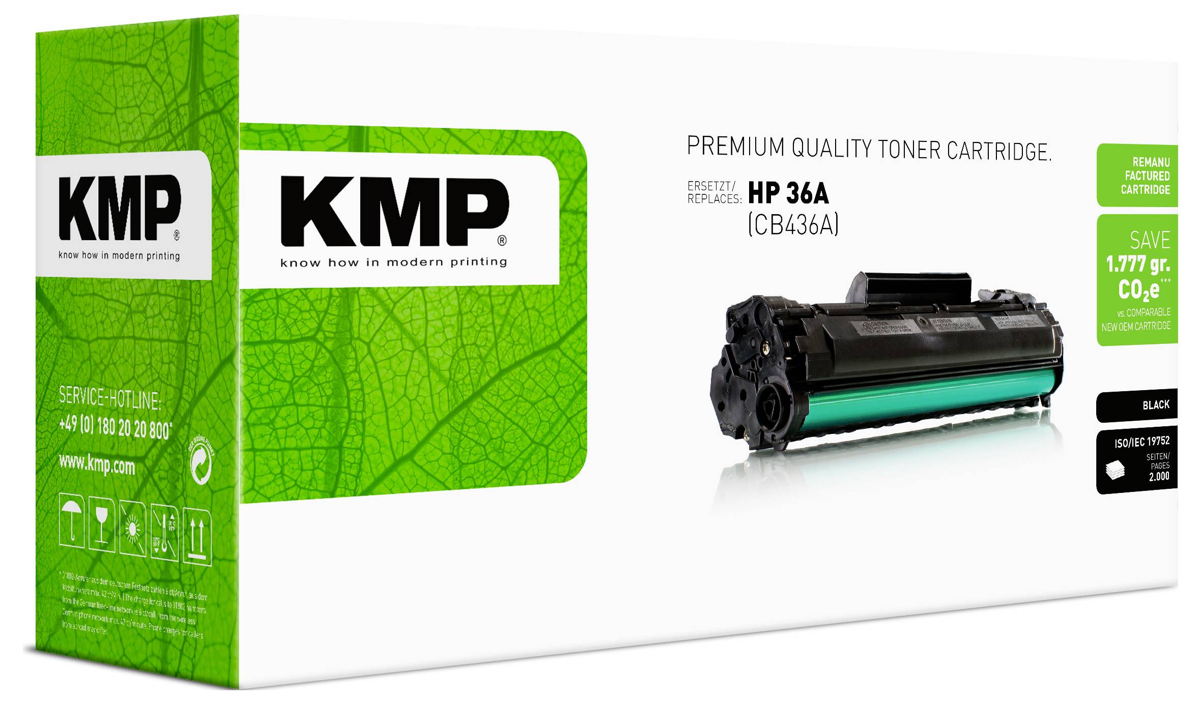 Balicí obaly tonerrové kazety KMP prémiové kvality pro HP 36A (CB436A), zobrazené s černou kazetnkou a zeleným balením.