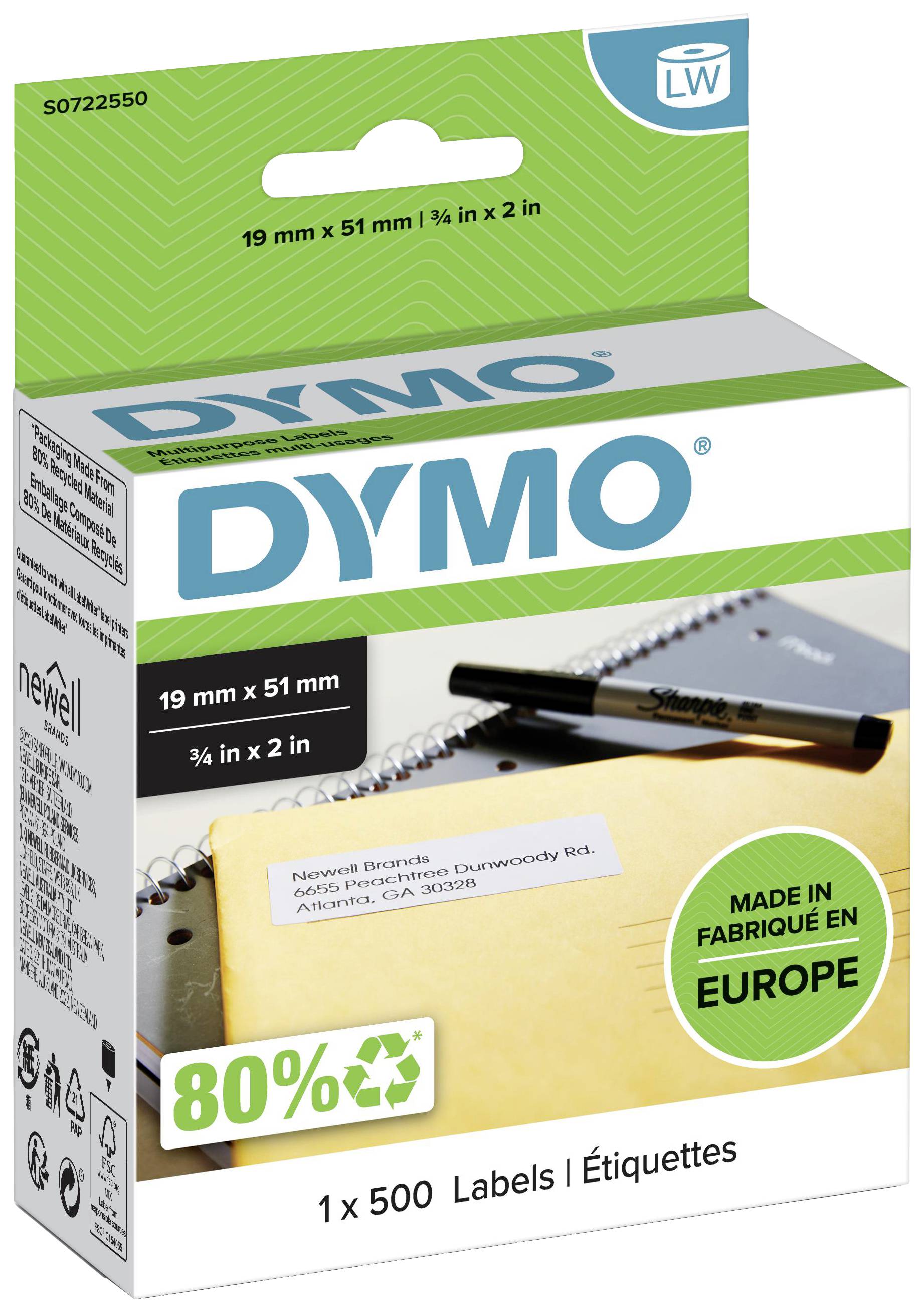 Krabice štítků DYMO, 500 kusů, 19 mm x 51 mm, vhodná pro označování adres, vyrobeno v Evropě, vyrobeno z 80 % recyklovaného materiálu.