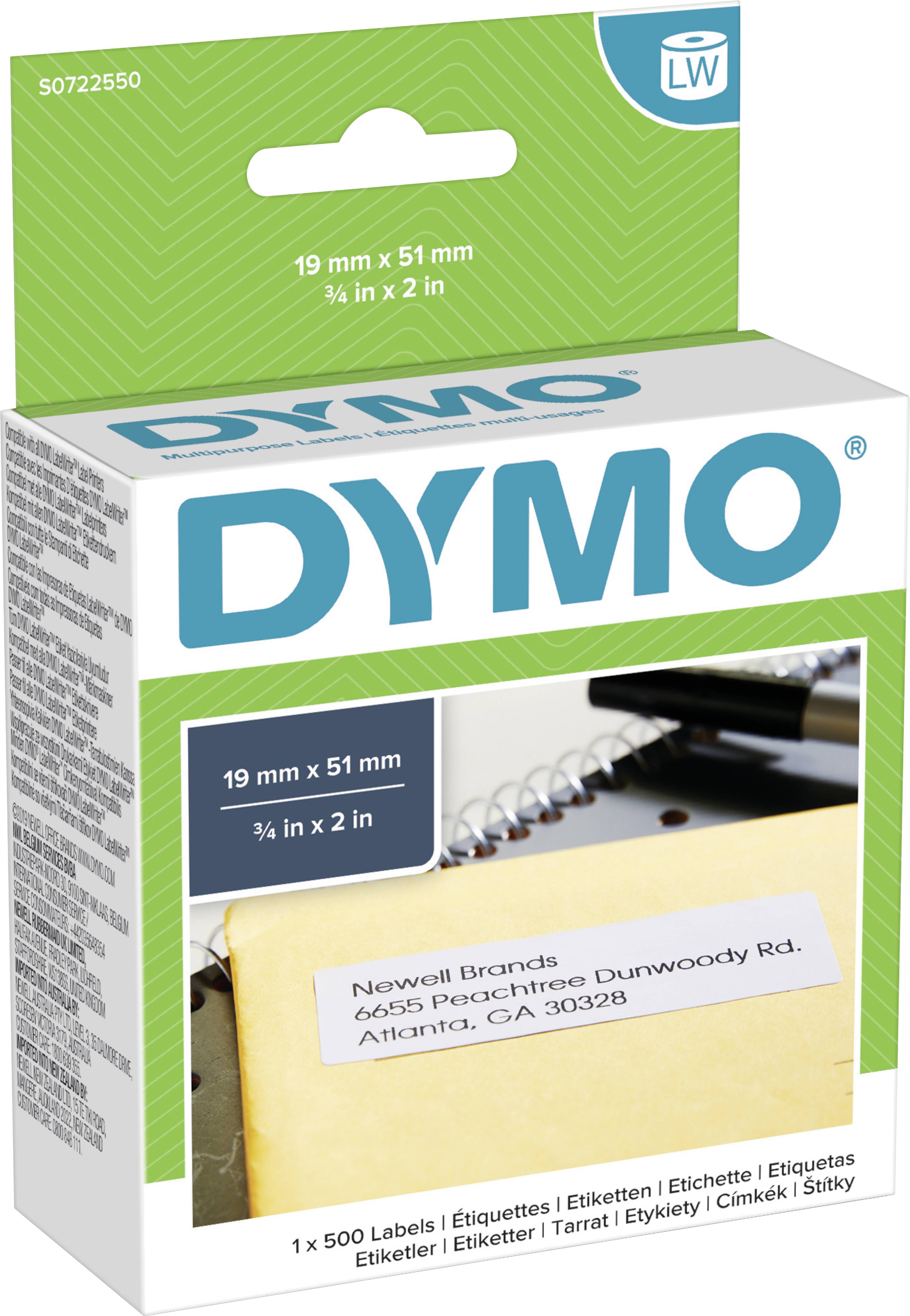Obal balení štítků DYMO, velikost 19 mm x 51 mm, s příkladem štítku na balíku; adresa: Newell Brands, 6655 Peachtree Dunwoody Rd, Atlanta, GA 30328.