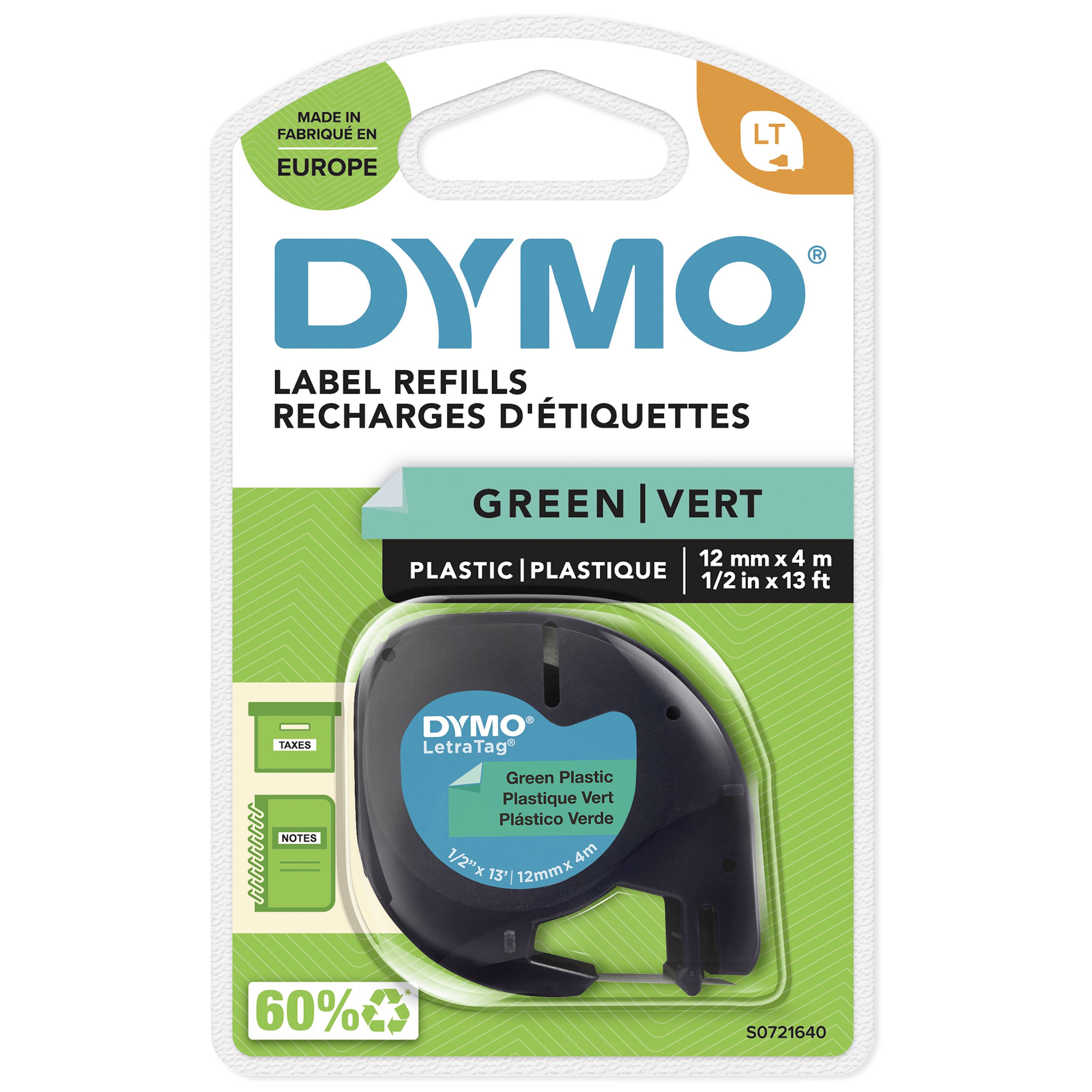 'Náhradní štítek pro DYMO LetraTag, zelený, plastový, 12 mm x 4 m, vyrobený v Evropě, 60 % recyklovaného materiálu.'