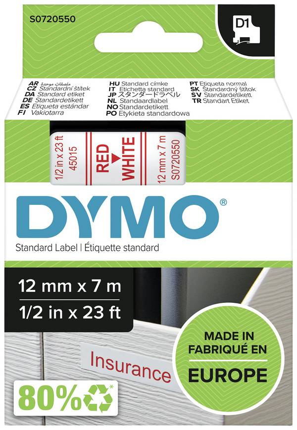 etikety DYMO D1 45015 polyester Barva pásky: bílá Barva písma:červená 12 mm 7 m