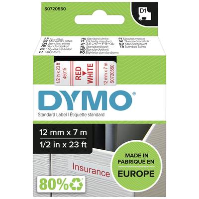 Štítek DYMO, 12 mm x 7 m, bílý s červeným textem 'Insurance', vyrobeno v Evropě, 80% recyklovaný materiál.
