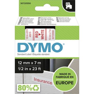 Obal standardní DYMO etikety o rozměrech 12 mm x 7 m. Nápis: 'RED WHITE', 'MADE IN EUROPE', '80%'.