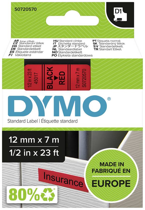 etikety DYMO D1 45017 polyester Barva pásky: červená Barva písma:černá 12 mm 7 m