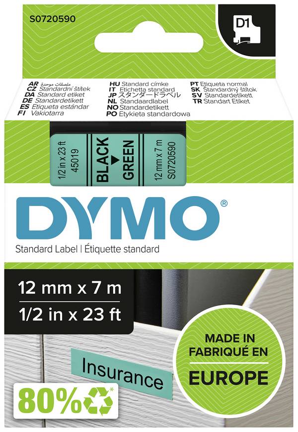 etikety DYMO D1 45019 polyester Barva pásky: zelená Barva písma:černá 12 mm 7 m