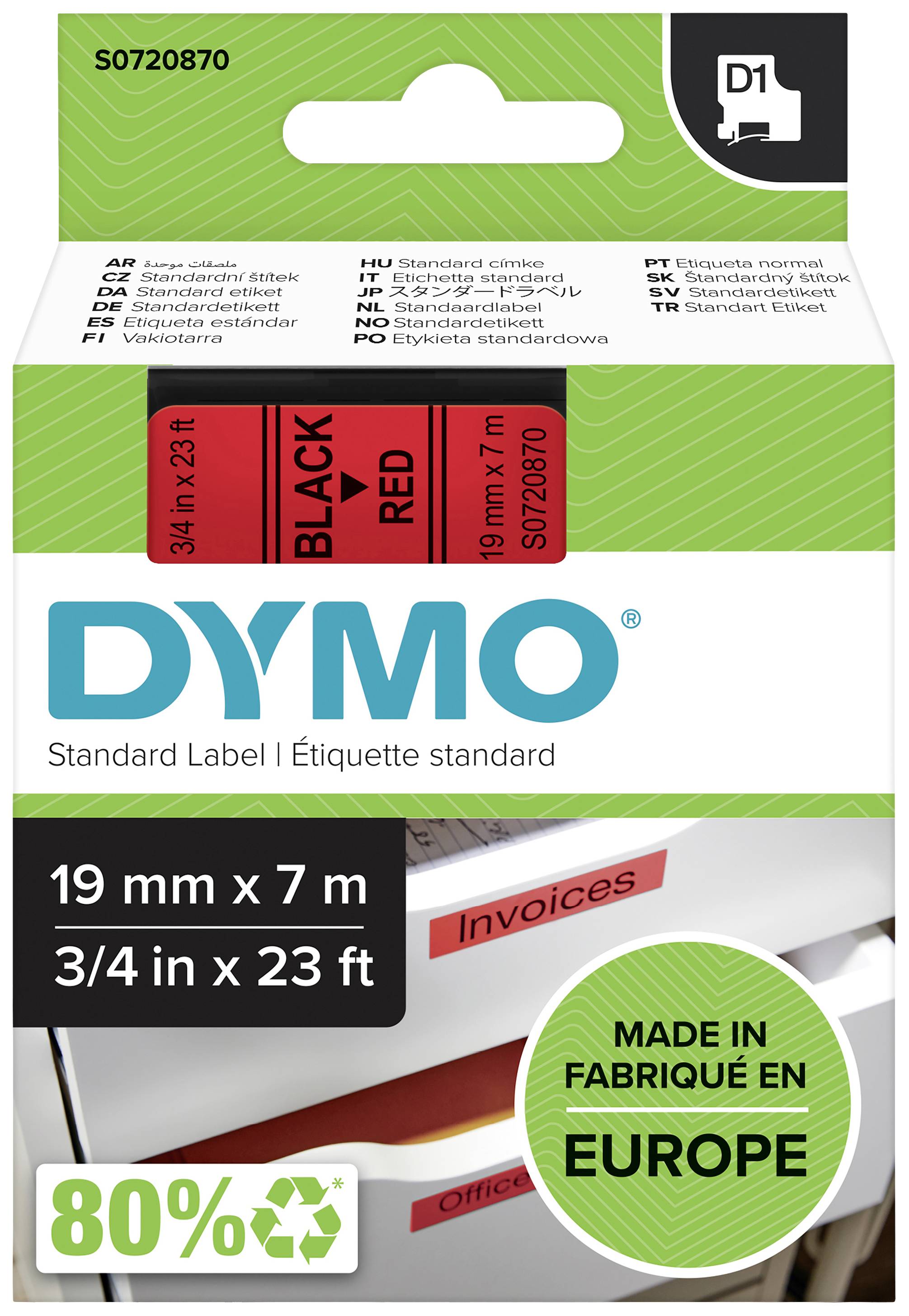 Standardní štítky 'DYMO', rozměry štítku 19 mm x 7 m, černá na červené, vyrobeno v Evropě, 80% recyklovaných materiálů.