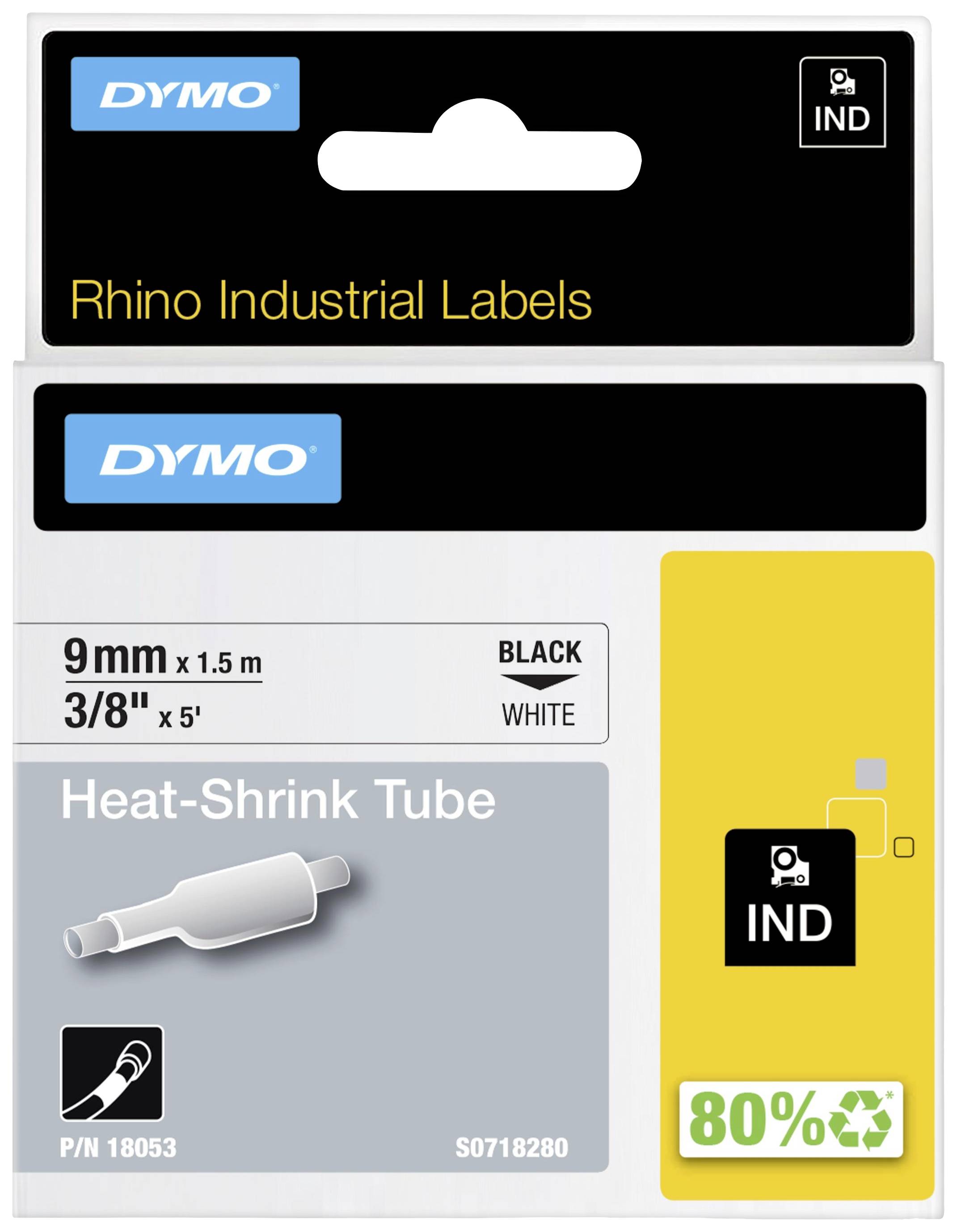 Obal štítků DYMO Rhino Industrial Labels, zobrazující černý štítek 9 mm x 1,5 m a bílý smršťovací štítek 3/8" x 5', symbol 80%.