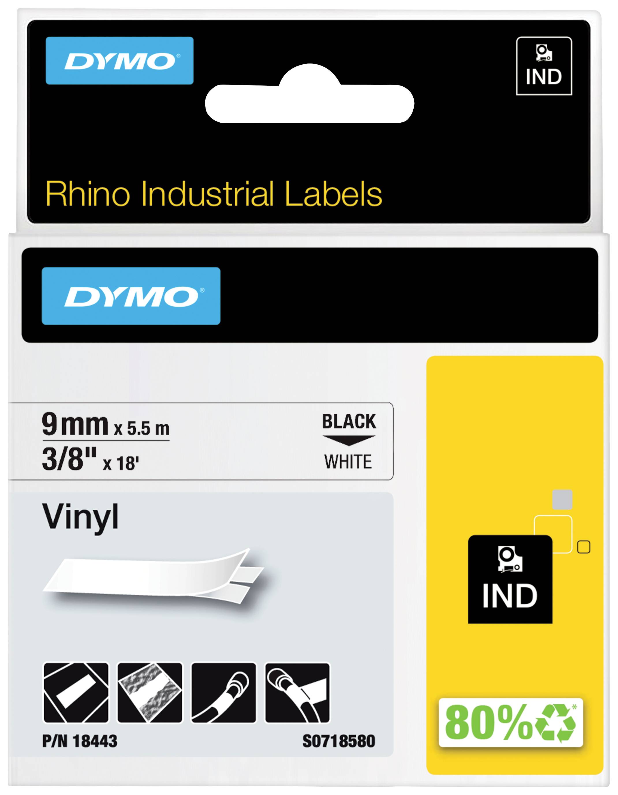 Obal pro průmyslové štítky Dymo Rhino, 9 mm x 5,5 m, černé na bílém vinylu. Zobrazuje aplikaci štítku a symbol 80% recyklace.
