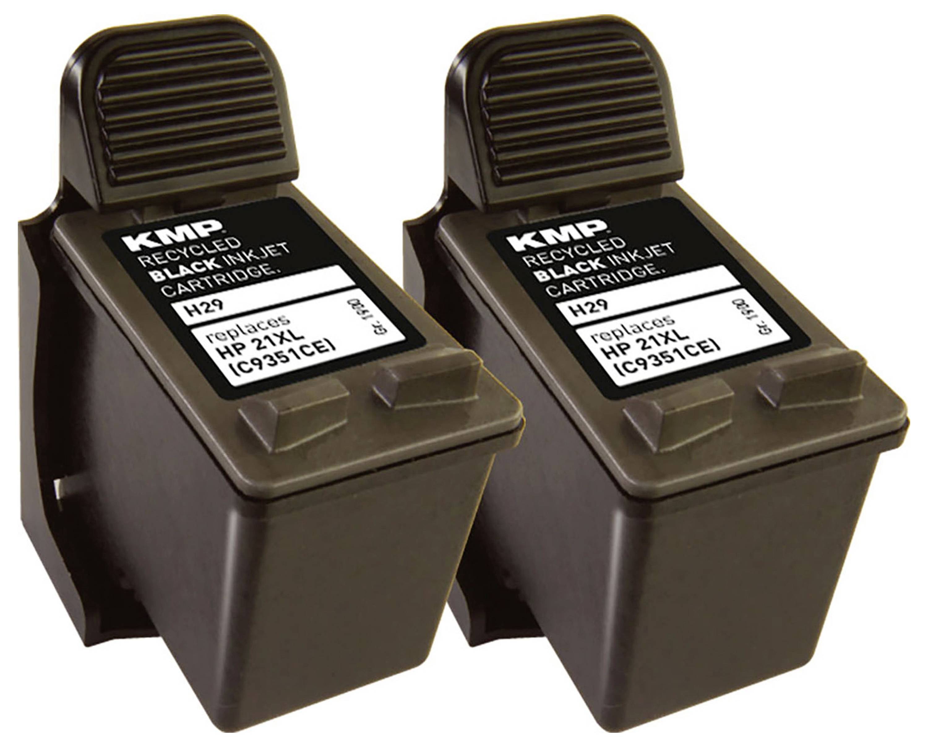 Dvě černé inkoustové náplně s nápisem 'Recycled Black Inkjet Cartridge'. Obě jsou náhradou za HP 21XL (C9351CE).