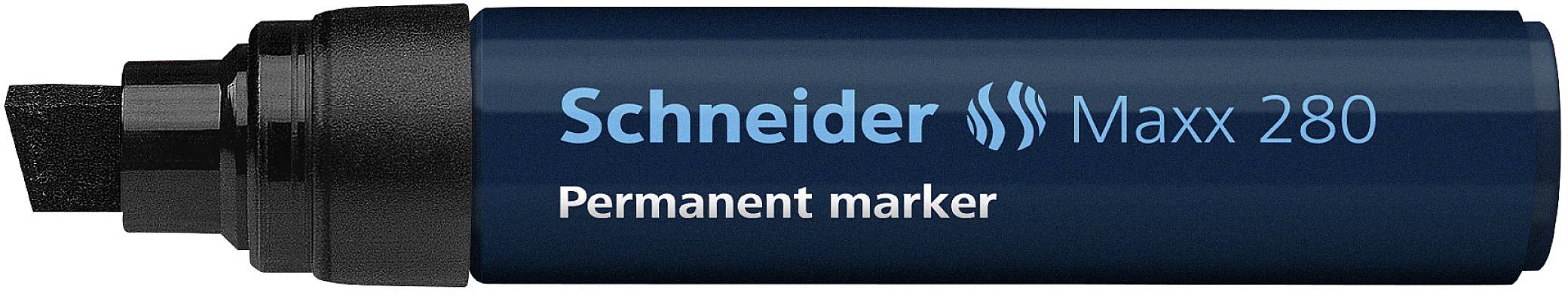 Permanentní popisovač Schneider Maxx 280 s širokým hrotem, černý plastový obal, vhodný pro trvalé značení na různých površích.