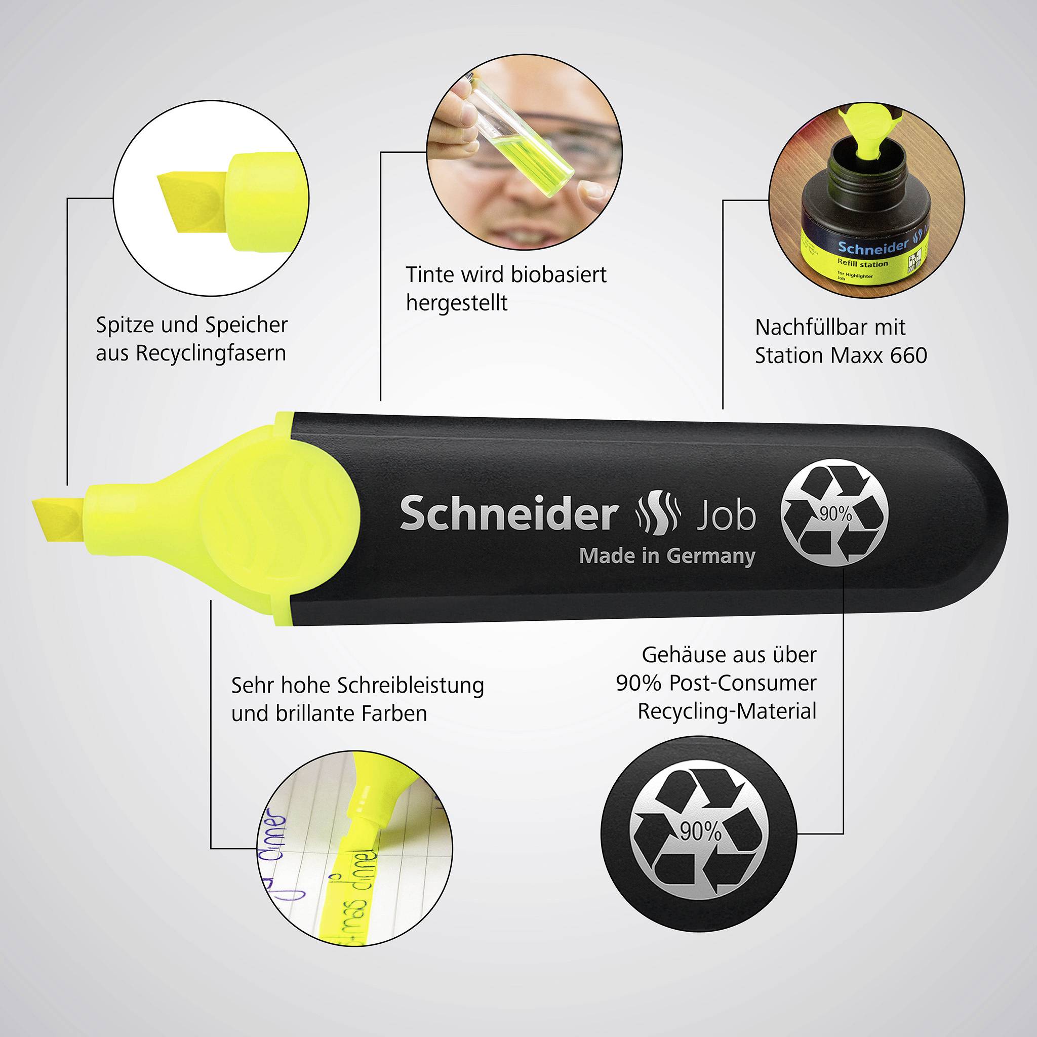 Zvýrazňovač Schneider se žlutým hrotem, vyrobený z recyklovaných vláken, který lze doplnit náplní Stanx Maxx 660, vyrobený z 90% recyklovaného materiálu.