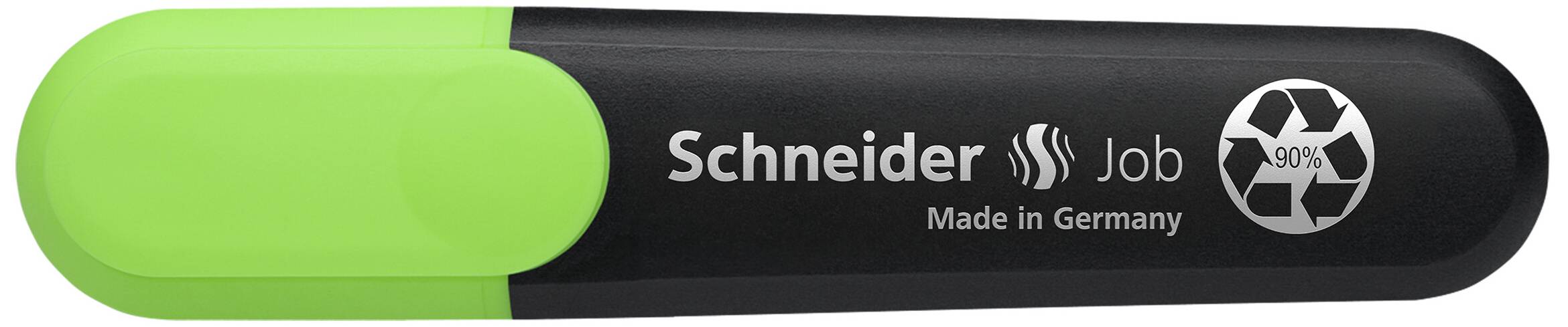 Zelený zvýrazňovač značky Schneider s recyklačním symbolem a nápisem 'Vyrobeno v Německu'.