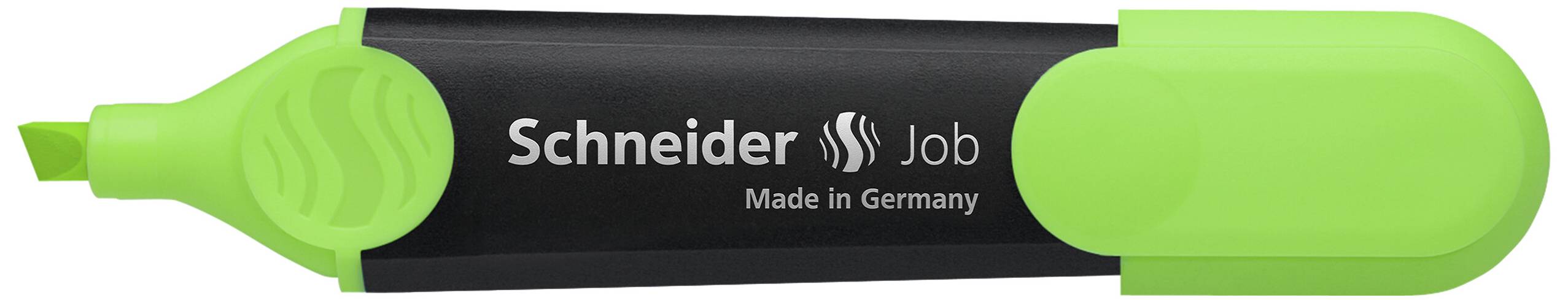 Zelený zvýrazňovač značky Schneider s nápisem 'Job Made in Germany' na černém pozadí.