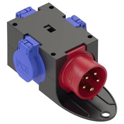 Šestipólový červený průmyslový konektor s černým pouzdrem a modrými kryty zásuvky, používaný pro elektrická připojení.