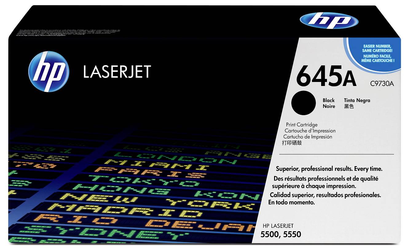 Krabice HP LaserJet 645A černého tiskového toneru s logem HP, číslem toneru C9730A a kompatibilitou s tiskárnami LaserJet 5500 a 5550.