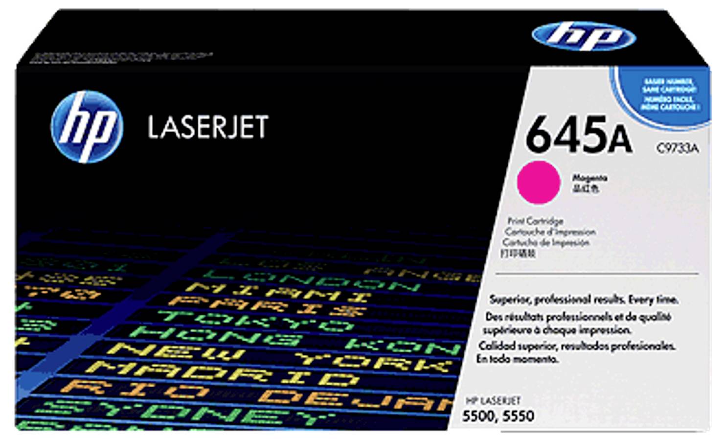 Krabice HP LaserJet 645A purpurové tiskové kazety, zobrazená s obalem pro tiskárny HP LaserJet 5500/5550.