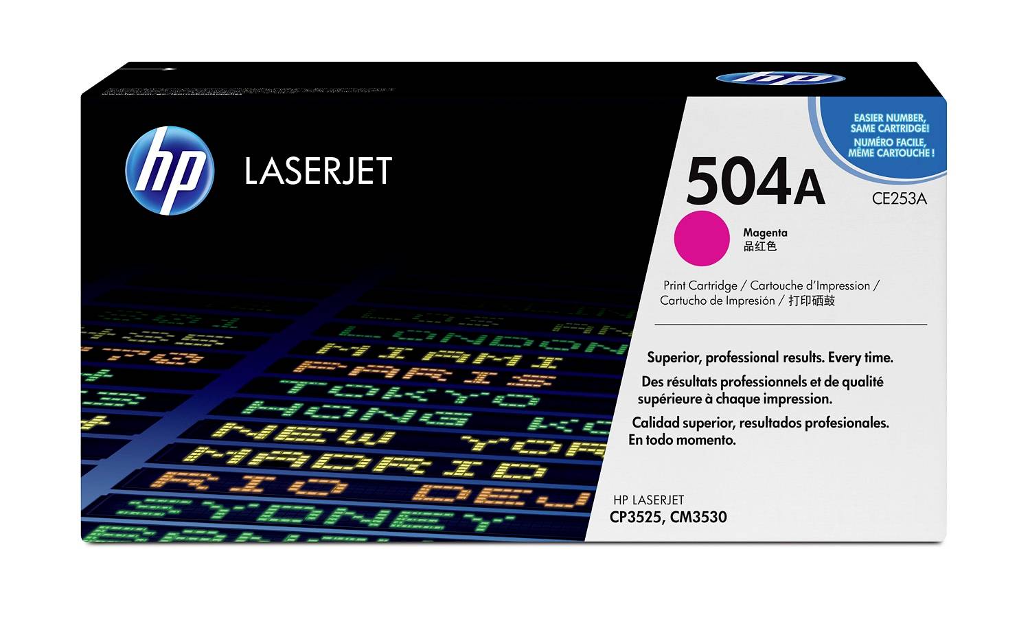 HP LaserJet 504A purpurová tonerová kazeta v krabici pro tiskárny HP Color LaserJet, model CE253A.