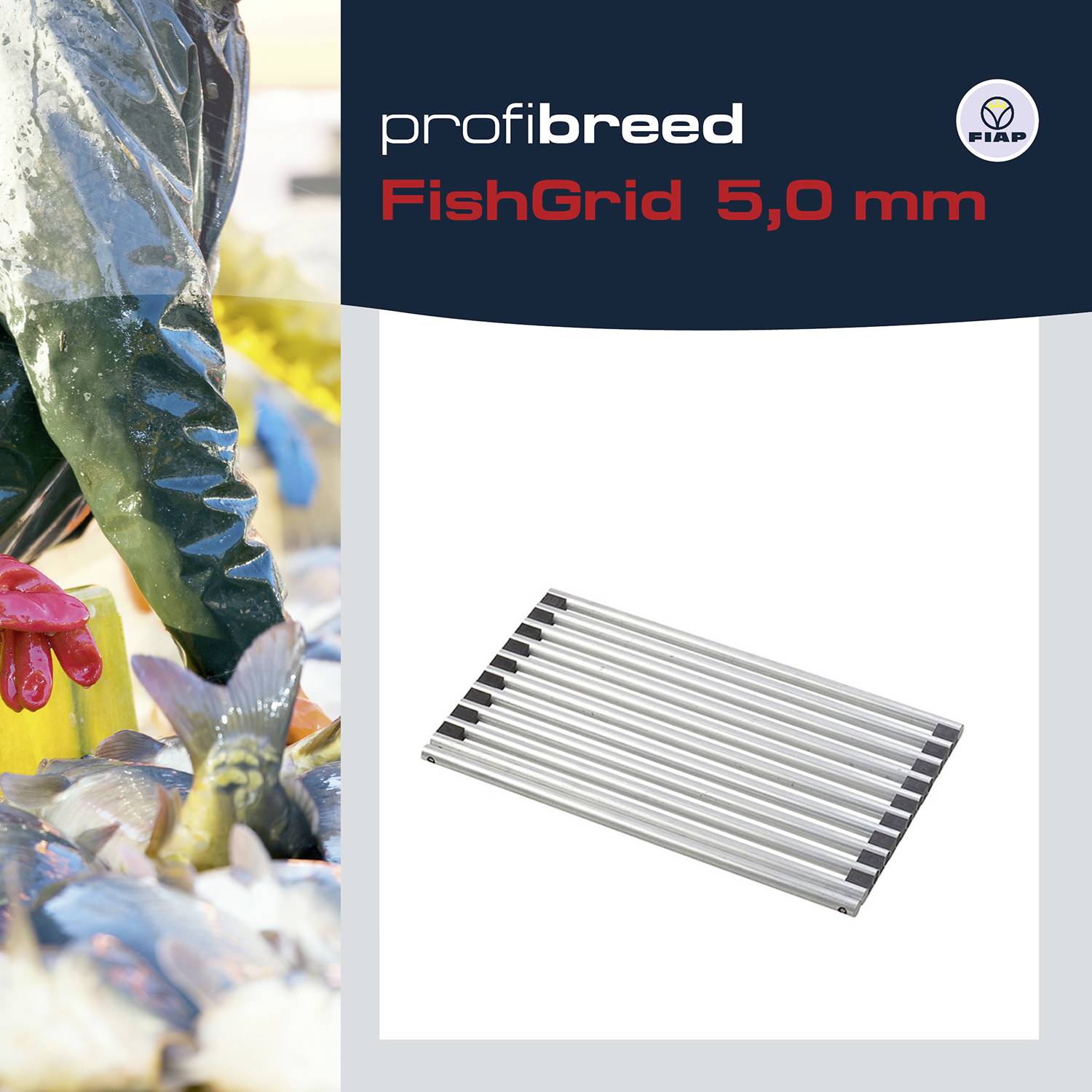 „probibreed FishGrid 5,0 mm" je mřížka vhodná pro chov ryb, zobrazená vedle obrázku pracovníka, který třídí ryby.