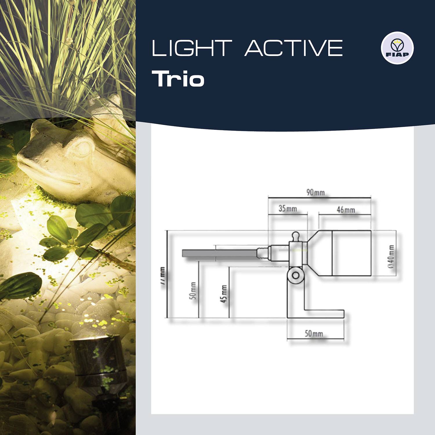 Osvětlení 'Light Active Trio', levá strana zobrazuje osvětleného žábu s rostlinami. Pravá strana obsahuje schematický nákres osvětlení.