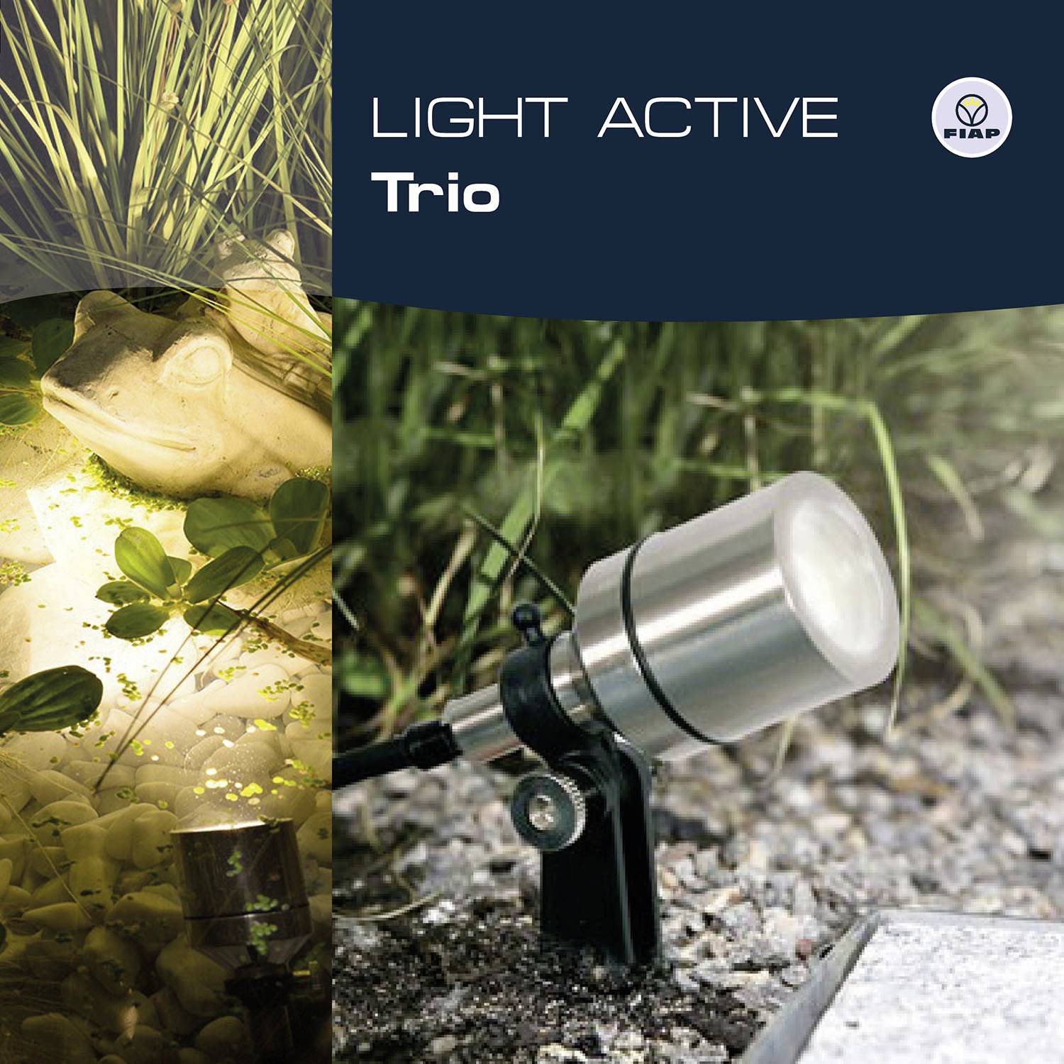 Produktový obrázek 'LIGHT ACTIVE Trio' od firmy FIAP. Vlevo žába v osvětleném rybníku, vpravo detail osvětlovací jednotky v trávě.