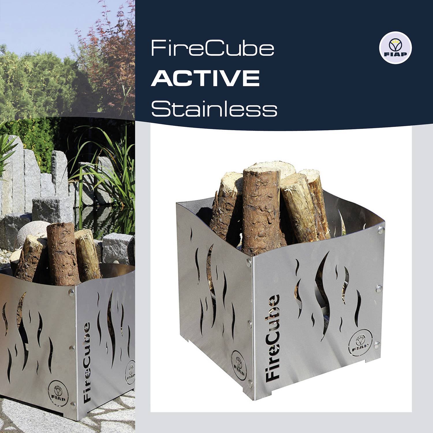 Ohniště z nerezové oceli s dřevěnými poleny, obdélníkový design s plamennými symboly, označené nápisem 'FireCube ACTIVE Stainless'.
