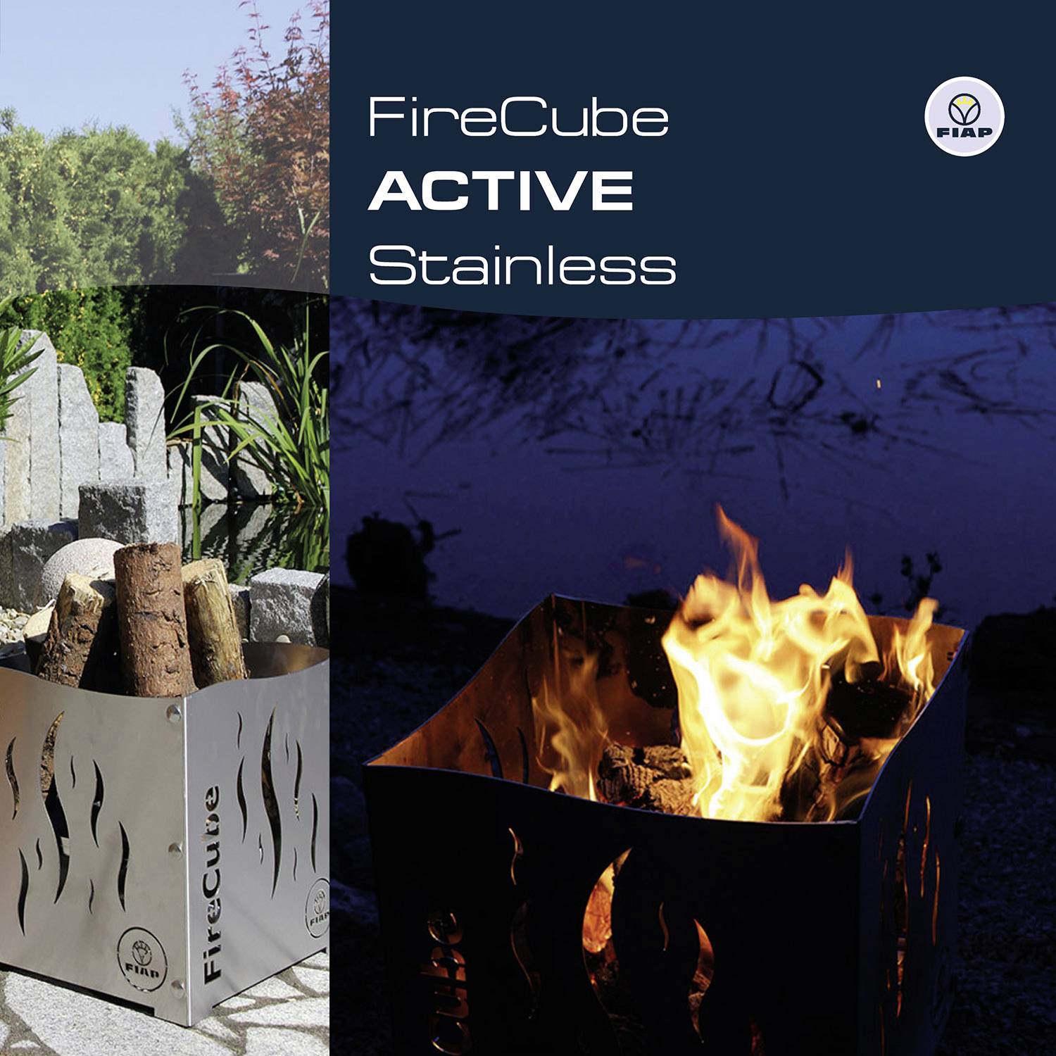 Nerezový ohňový koš 'FireCube ACTIVE' od firmy Fiap, naplněný palivovým dřevem, před zelenými keři a rybníkem v pozadí.