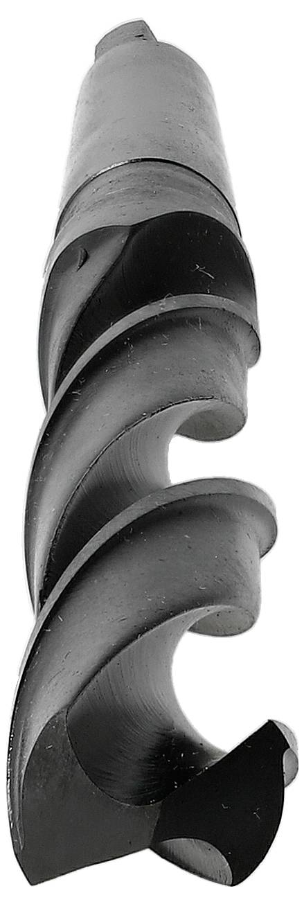 Detailní snímek černého spirálového vrtáku na bílém pozadí, zobrazený svisle.