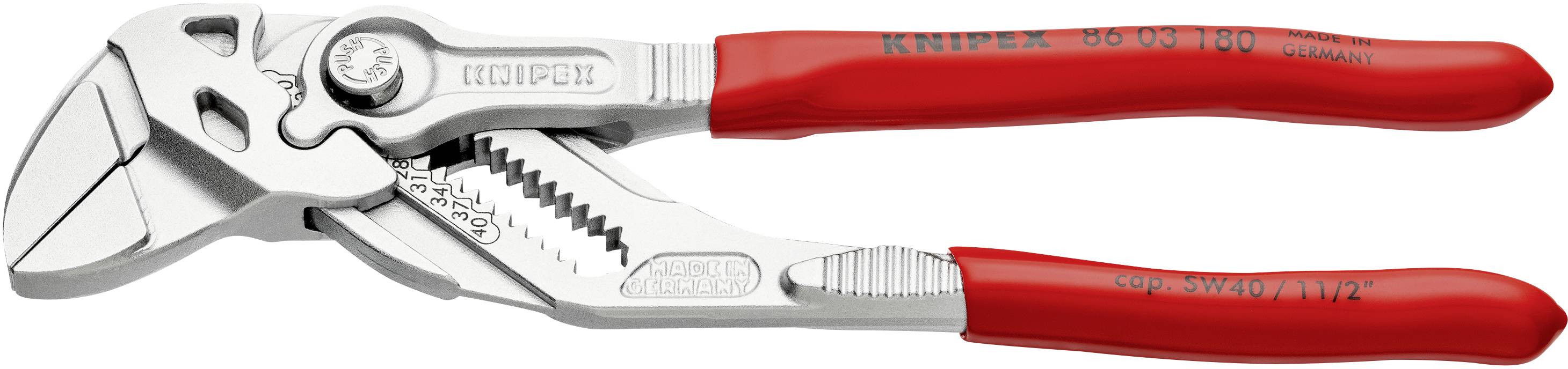 Červené nastavitelné kleště se zubatými čelistmi, vhodné prouchopení a otáčení předmětů. Text na rukojeti: 'Knipex 86 03 180'.