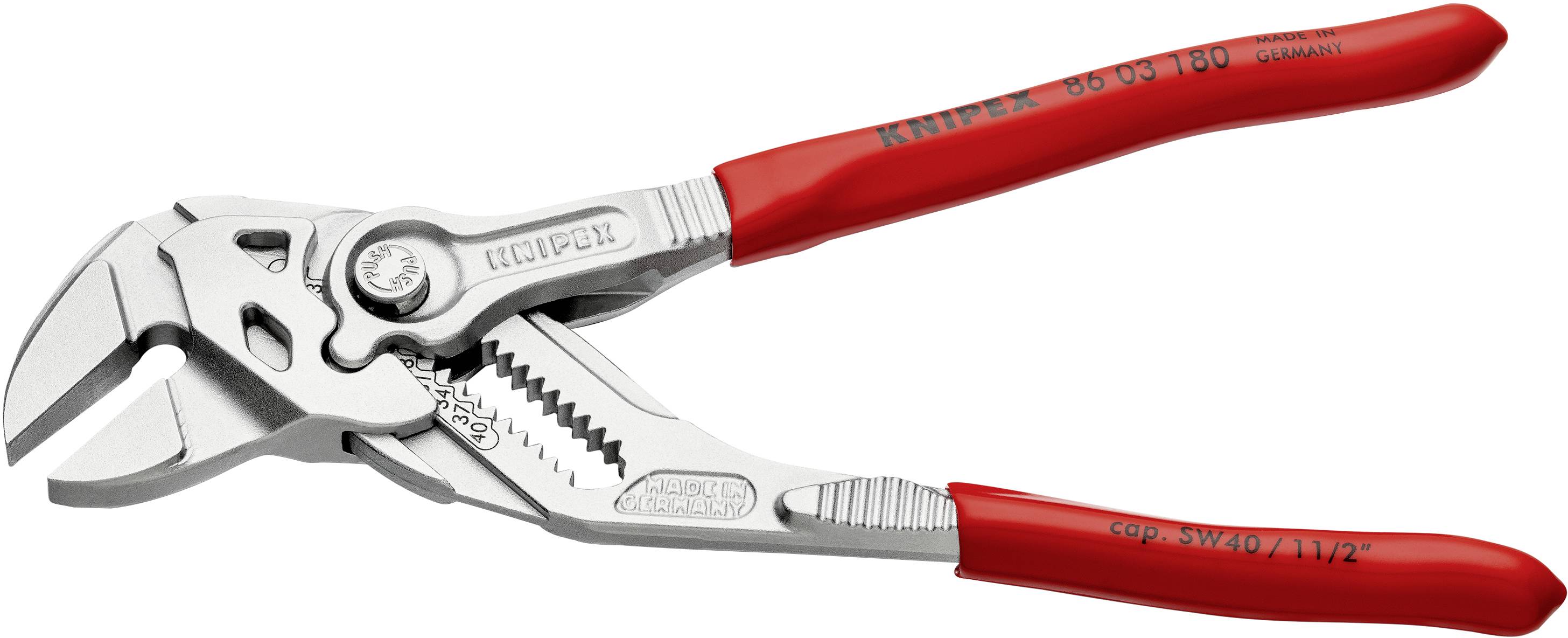 Stříbrné kleště s červenou rukojetí, specializovaná značka Knipex, určené pro uchopení a řezání v dílnách nebo při domácích pracích.