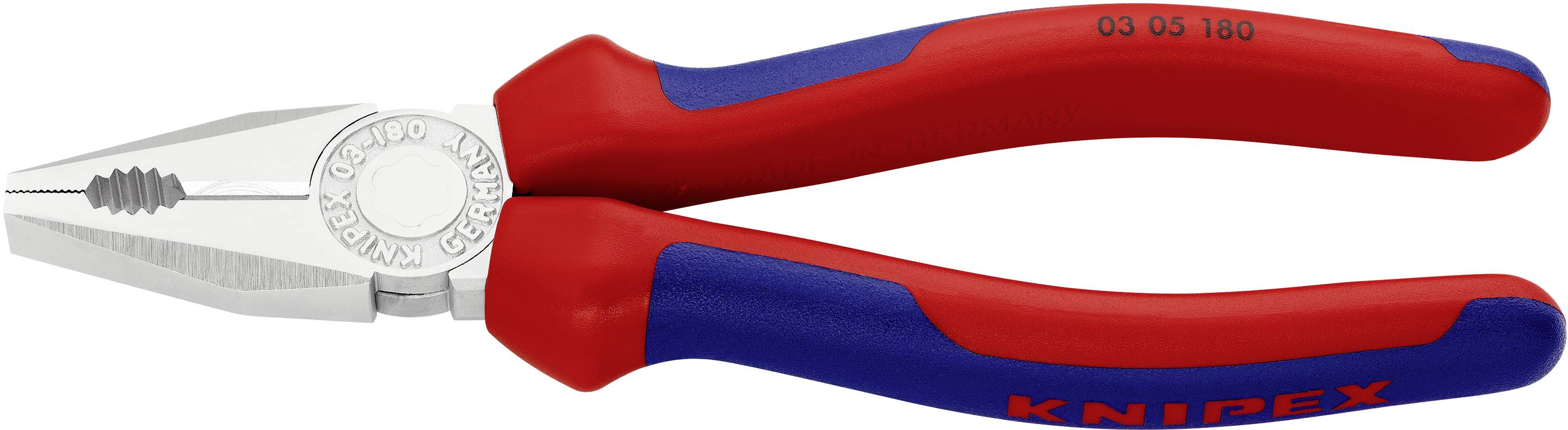 Červené kombinované kleště s modrými rukojeťmi, zavřené. Název výrobce 'KNIPEX' vyražený na rukojeti a číslo modelu vyražené na kleštích.