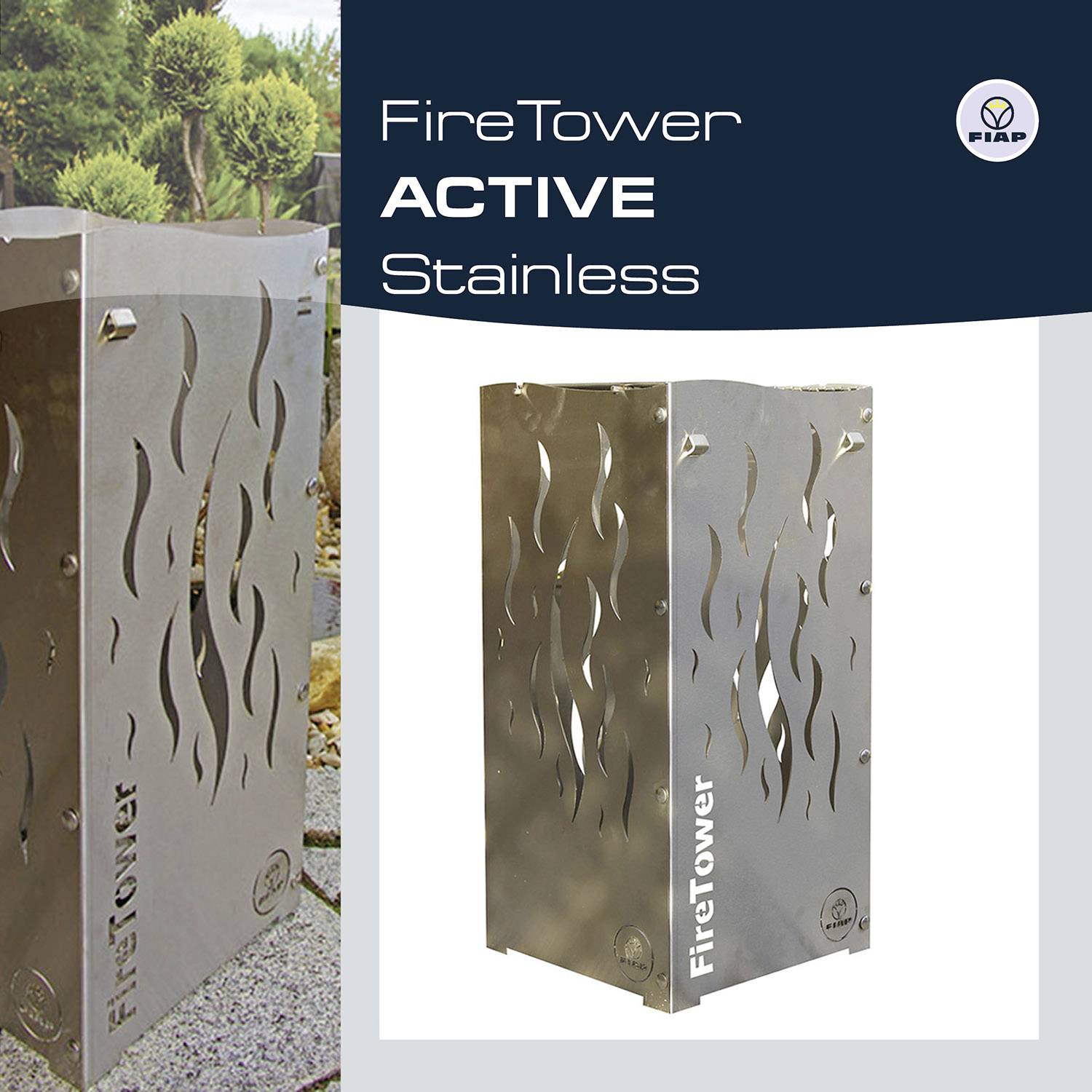 Dva pohledy na nerezový ohňový věž s plamenným vzorem. Vlevo v zahradě, vpravo na samostatném pozadí. Text: 'FireTower ACTIVE Nerez'.