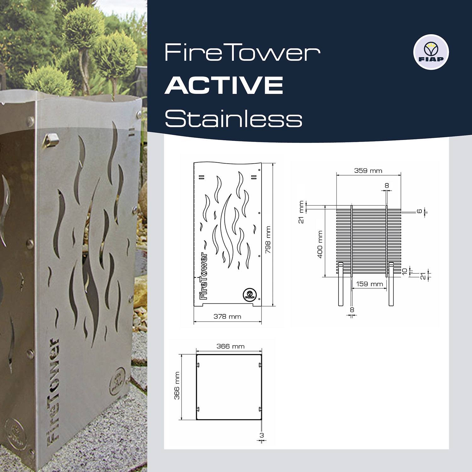 Produktový obrázek 'FireTower ACTIVE Nerez'. Vlevo: válcovitý kovový koš s motivem plamene. Vpravo: technické výkresy s rozměry.