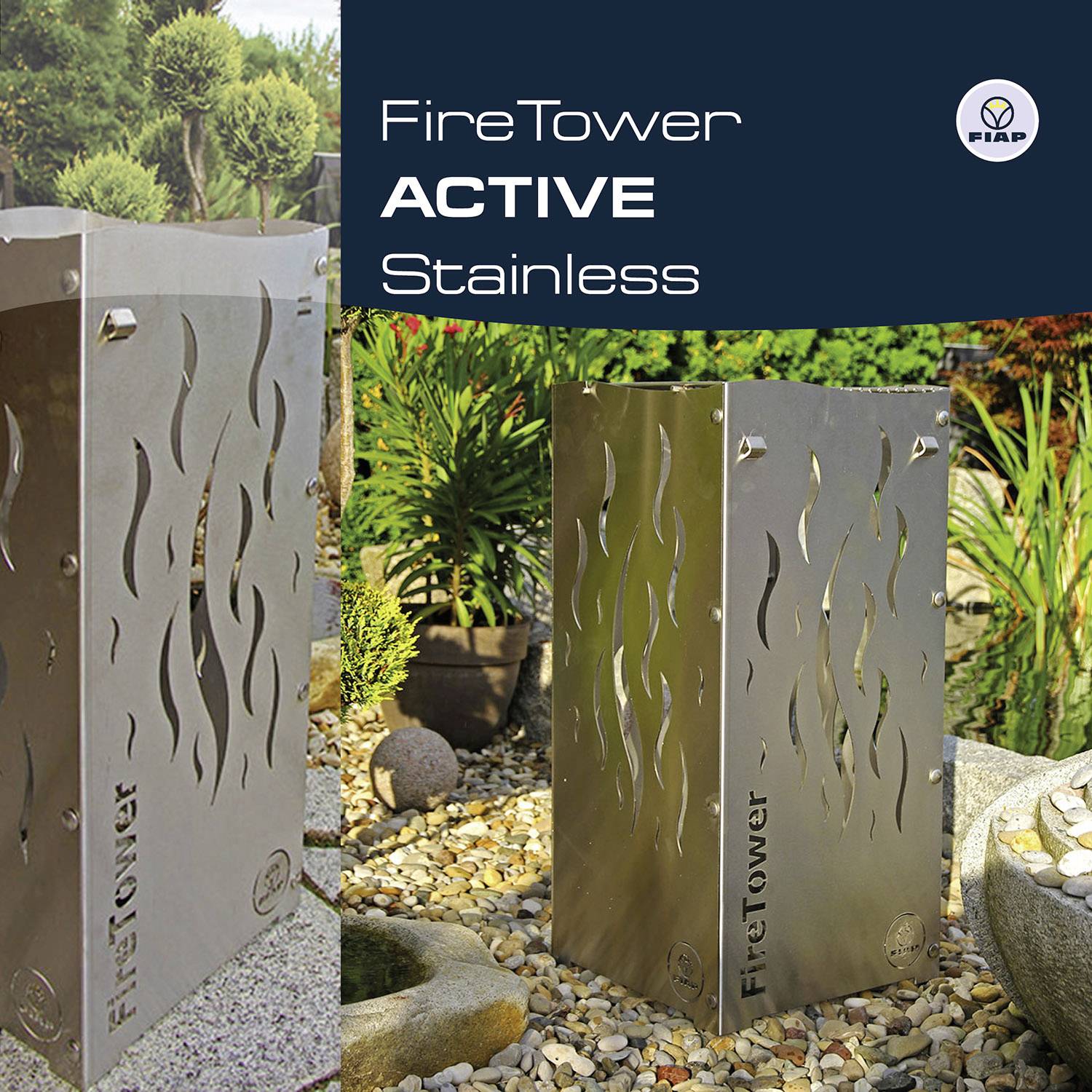 Nerezový objekt s plamenným vzorem stojí na štěrkovém lůžku, obklopený rostlinami. Text: 'FireTower ACTIVE Nerez'.