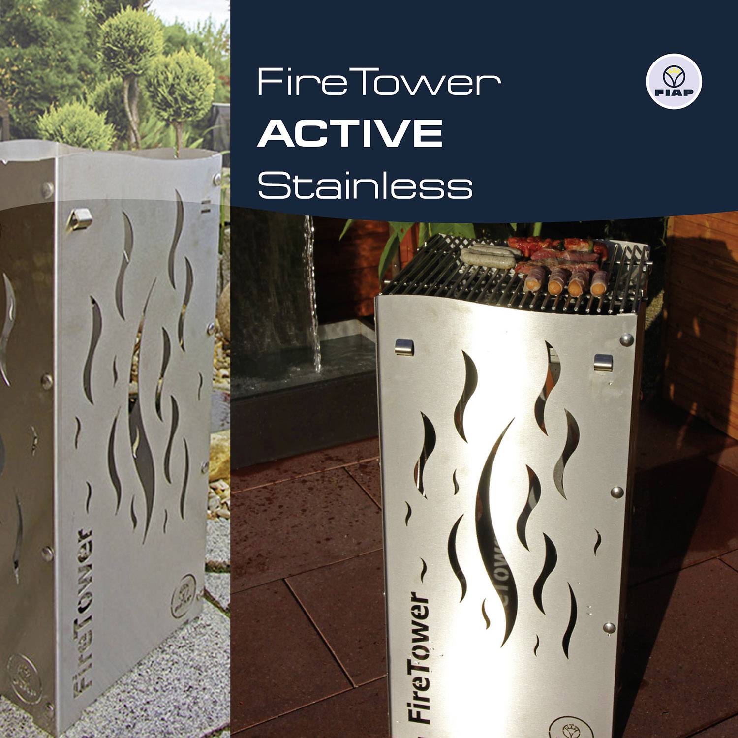 Nerezový ohňový sloup do exteriéru, označený jako 'FireTower ACTIVE Stainless'. Vlevo pohled zepředu, vpravo pohled shora s palivem.