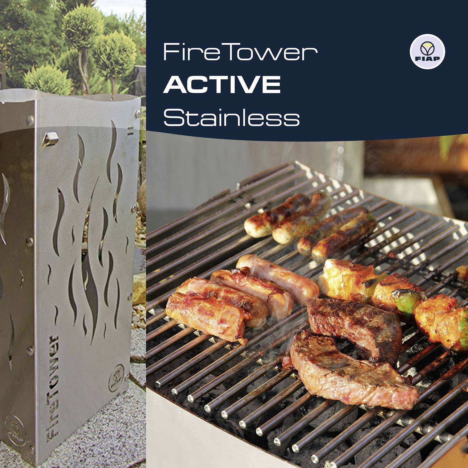 Nerezový gril a obrázek masa grilovaného na něm. Text: 'FireTower ACTIVE Stainless'. Firemní logo v pravém horním rohu.