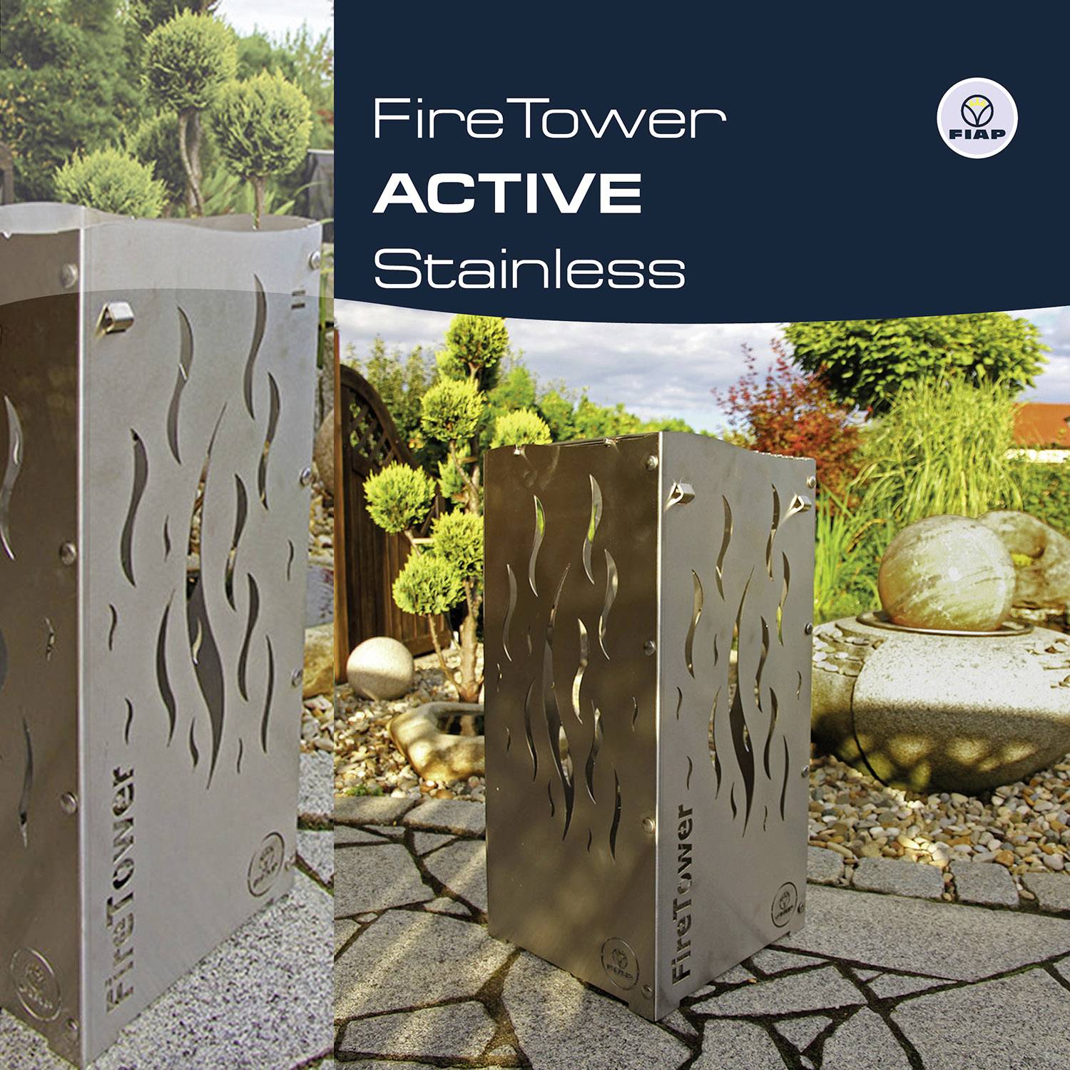 Moderní ohniště umístěné v zahradě. Boční stěny jsou zdobeny motivy plamenů. Vlevo nahoře je text 'FireTower ACTIVE Stainless'.